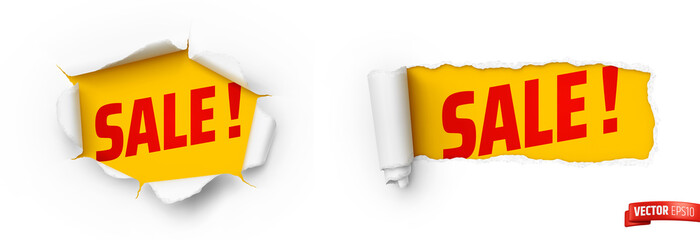 Vector realistic illustration of white ripped paper on a yellow background with "Sale !" text.