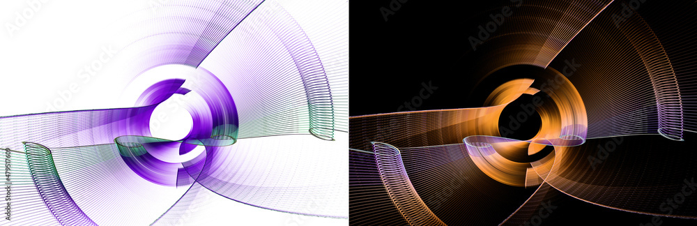 Poster orange and purple curved and curly striped highlighted elements rotate on white and black background