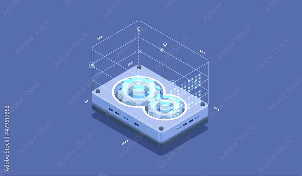 Poster technology infographic design for quantum computer. blockchain server concept, server room, database