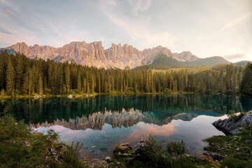 Fototapeta na wymiar Lake Carezza in the Dolomites, Italy during Sunset