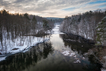 Winter scenery of the Radunia river meanders, Kashubia. Poland