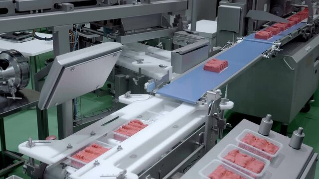 Production line for making and boxing of minced meat in the food industry. Shot in motion