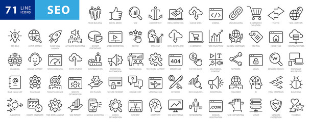 Outline web icons set - Search Engine Optimization. Thin line web icon collection. Simple vector illustration - obrazy, fototapety, plakaty