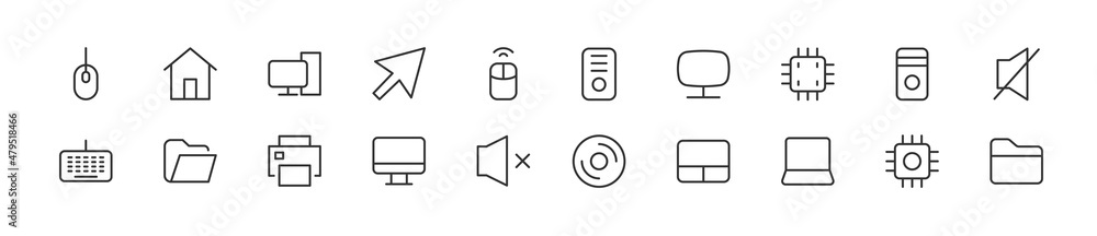 Poster set of simple personal computer line icons.