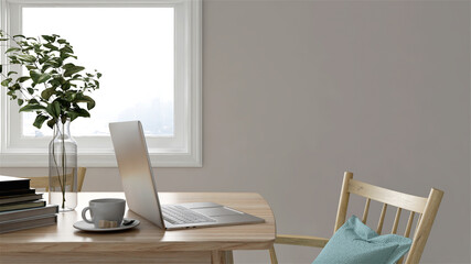 3D interior render of beautiful workspace at home. Modern design desk and chair with computer laptop, lamp, books, house plants and a cup of coffee on top with morning sunlight through window. 