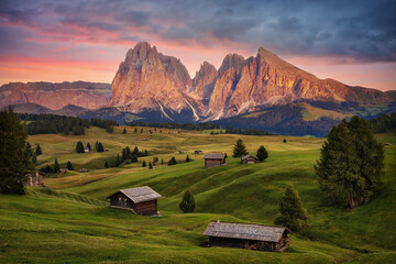 Alpe di Siusi (Seiser Alm) in the Dolomites in Italy during Sunset - obrazy, fototapety, plakaty