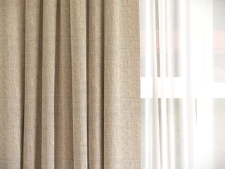 Fototapeta premium 3D interior render of close up beautiful texture of double layer beige linen curtain and white sheer curtain with soft light morning in room at home. Fabrics, interior design and decoration background