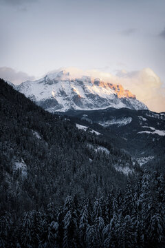 Sunset of the mountains in the Dolomites in winter