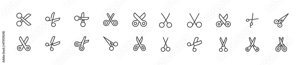 Poster set of simple scissors line icons.