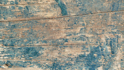 Weathered blue with green and brown wood sheet, Old wooden boards with crack on the plank surface