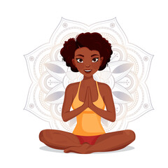 yoga Meditation african woman sitting in lotus pose with crossed legs.