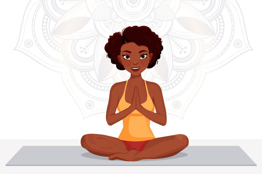african woman yoga, meditation relax, recreation healthy lifestyle. Vector illustration cartoon style.