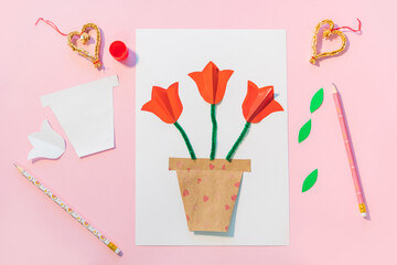 Children gift for Birthday or Mother's Day. How to make paper flower for greeting card. Simple...