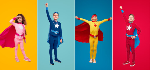 Collage of superhero kids in colorful costumes