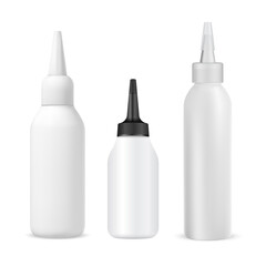 Dye hair color tube mockup. Hair paint bottle set. Realistic glossy plastic hair dyeing container, woman styling products. Peroxide product in dropper packaging, professional coloring