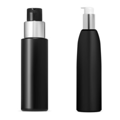 Black pump bottle, silver cap. Foundation container mockup. Smail airless press cap bottle, serum dispenser. Realistic skin care oil flacon illustration. Facial base mousse cosmetics tube