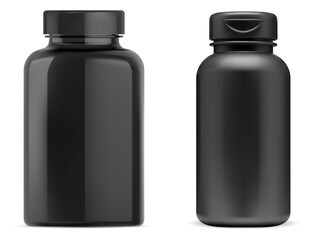 Black pill bottle. Black plastic supplement pill jar, vitamin capsule package blank mockup. Set of pharmaceutical drug tablet bottles, health care medicament, vertical cylinder can