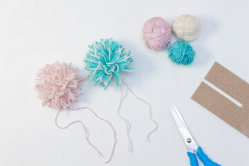handmade pompom instruction. Step by step. DIY concept for children.