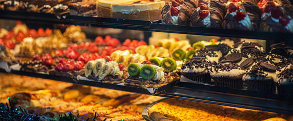 Window shopping on traditional Christmas market in Maastricht, Netherlands. Buying candy, pastry and cake. Choosing cake in bakery.