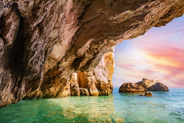 Sea cave in Zakynthos, Greece at sunset. Xigia beach