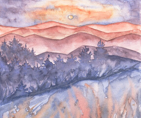 Carpathians mountains, forest and sky. Watercolor landscape with blue forest trees.