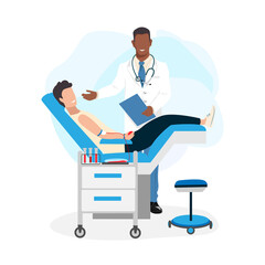 Blood donor. A volunteer in a medical chair donates blood. Blood donation. World Blood Donor Day. Vector illustration template for postcard, poster, media.