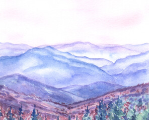 Carpathians mountains, forest and sky. Watercolor landscape with forest trees.