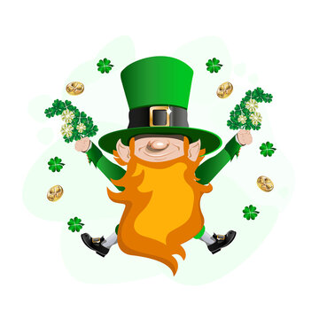 Celebrating St. Patrick's Day. Cheerful leprechaun in a green hat. Vector character illustration in cartoon style. Template for postcard, poster or media.