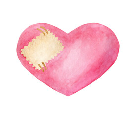 Watercolor heart illustration. Hand painted pink heart shape with patch decoration isolated on white background. Romantic image for Valentine's day, wedding, scrapbook, greeting card, design