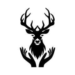Deer head logo with hand concept isolated on white background