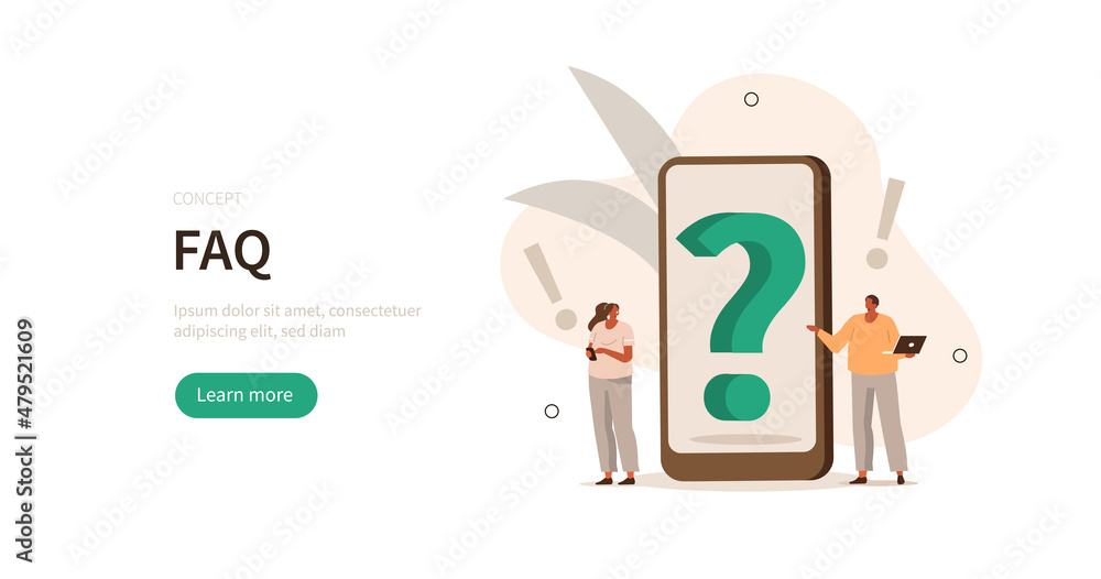 Poster people characters looking at question mark on smartphone. woman and man ask questions and receive an