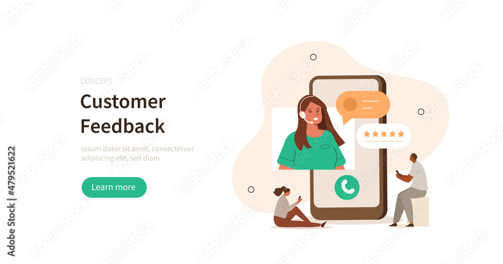 Poster customer support and feedback scene. characters having consultation with helpdesk operator and givin
