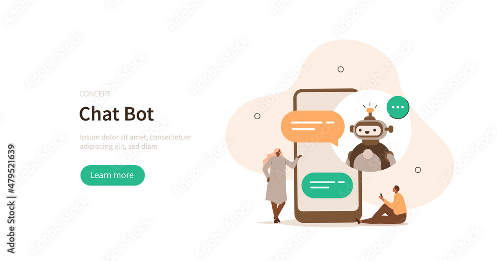 Poster customers having dialog with chatbot on smartphone. characters chatting with robot, asking questions