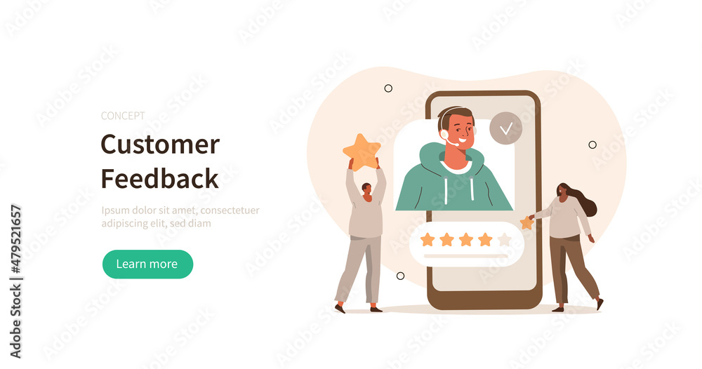 Poster customer support and feedback scene. characters having consultation with helpdesk operator and givin