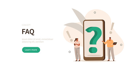 
People characters looking at question mark on smartphone. Woman and man ask questions and receive answers. Support center. Frequently asked questions concept. Flat cartoon  vector illustration.