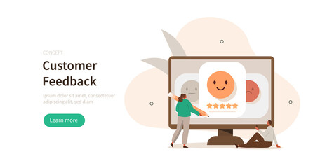 Customer feedback and user experience scene. Characters choosing positive emoji to show customer service satisfaction rating and giving five stars review. Vector illustration.