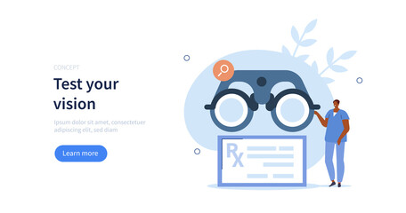 Doctor ophthalmologist examining vision with test glasses and writing eyeglass prescription. Ophthalmology concept. Vector illustration.