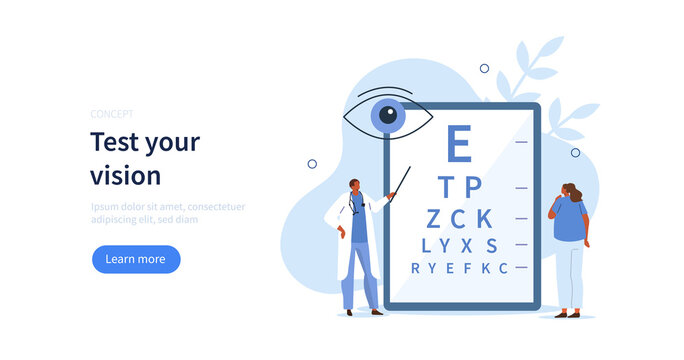 Doctor ophthalmologist showing eye test chart to patient and examining his vision. Ophthalmology concept. Vector illustration.