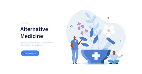 Characters taking care about health and using aromatherapy and other alternative health care methods. Alternative and herbal medicine concept. Vector illustration. - obrazy, fototapety, plakaty