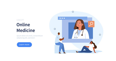 
Patients meeting with doctor online, having consultation and receiving digital prescription. Telemedicine and e-health concept. Vector illustration.