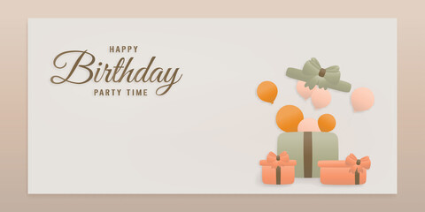 Happy birthday minimal style background with a gift box with balloons inside, party card template paper, and papercraft style vector illustration.