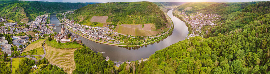 Cochem, Rhineland-Palatinate, Germany - 03.06.2021. Large panorama of the city of Cochem with...