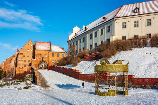 Granaries of Grudziadz city by the Vistula river at snowy winter. Poland