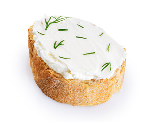 Toasted bread with cream cheese and dill isolated on white background. With clipping path.