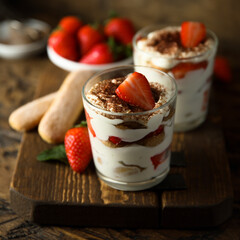 Homemade strawberry tiramisu served in glasses