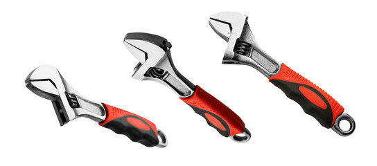 Adjustable wrench in different angles on a white background