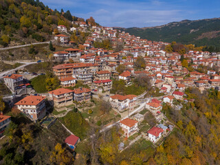 Aerial drone view of Metsovo in Epirus, in the mountains of Pindus in northern Greece in autumn