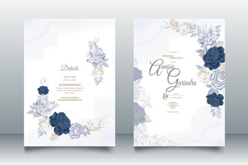 Elegant wedding invitation card with navy blue floral and leaves template Premium Vector