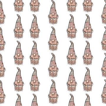 Seamless pattern illustration of a gnome with a beard in a hat. New year and christmas symbol on white isolated background. High quality illustration
