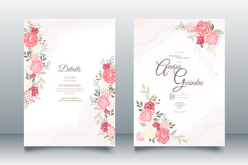 Fototapeta na wymiar Elegant wedding invitation card with beautiful floral and leaves